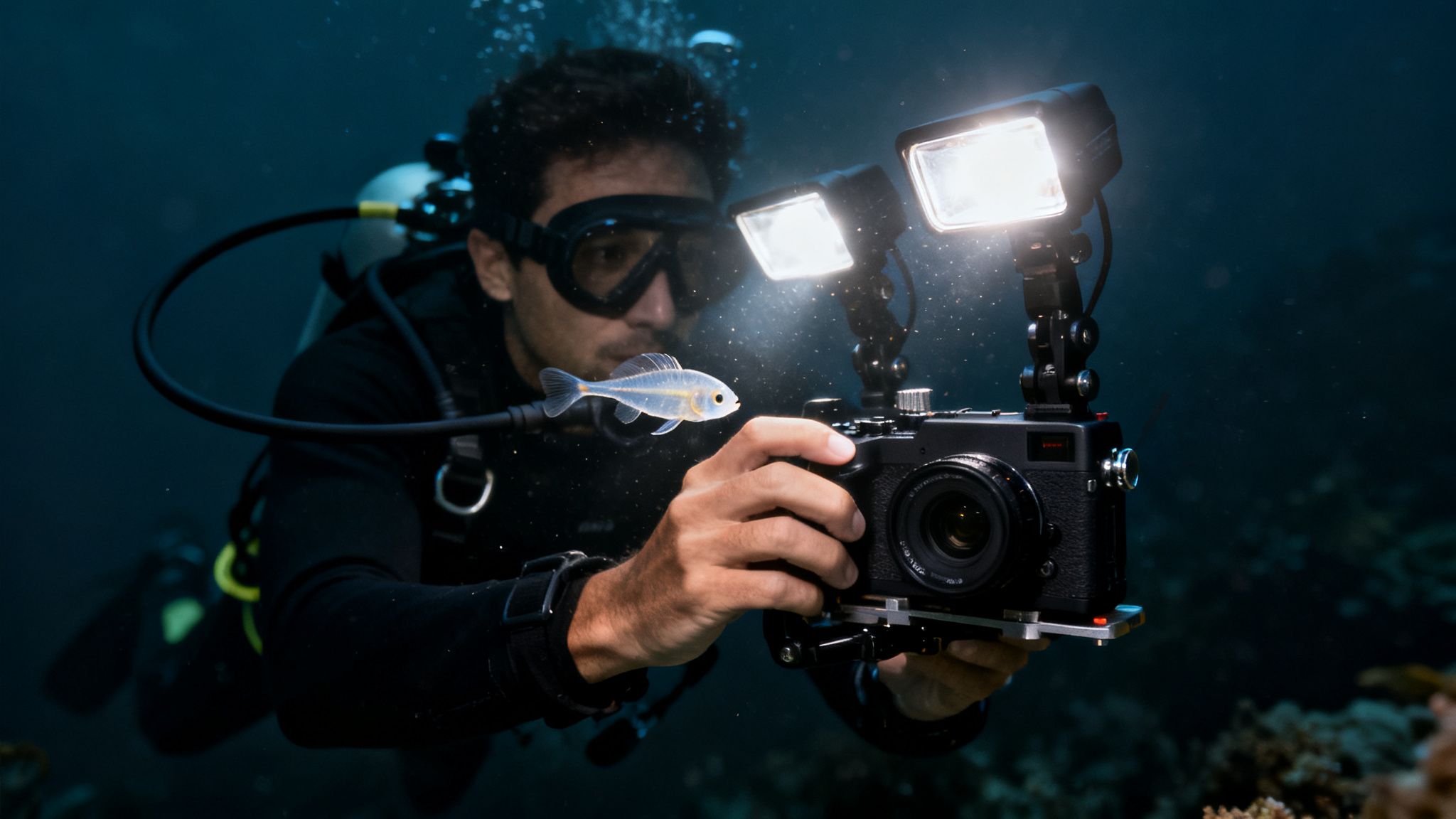 A diver using a professional camera with dual strobes to photograph a small translucent fish underwater.