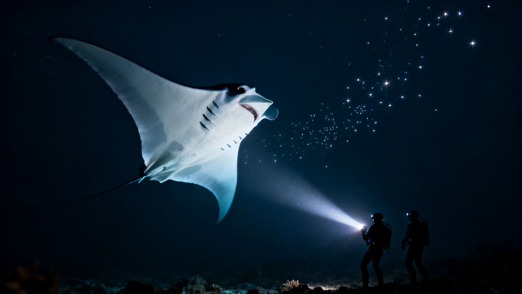 A majestic manta ray swims above two divers at night, illuminated by a diver's flashlight amidst glowing plankton.
