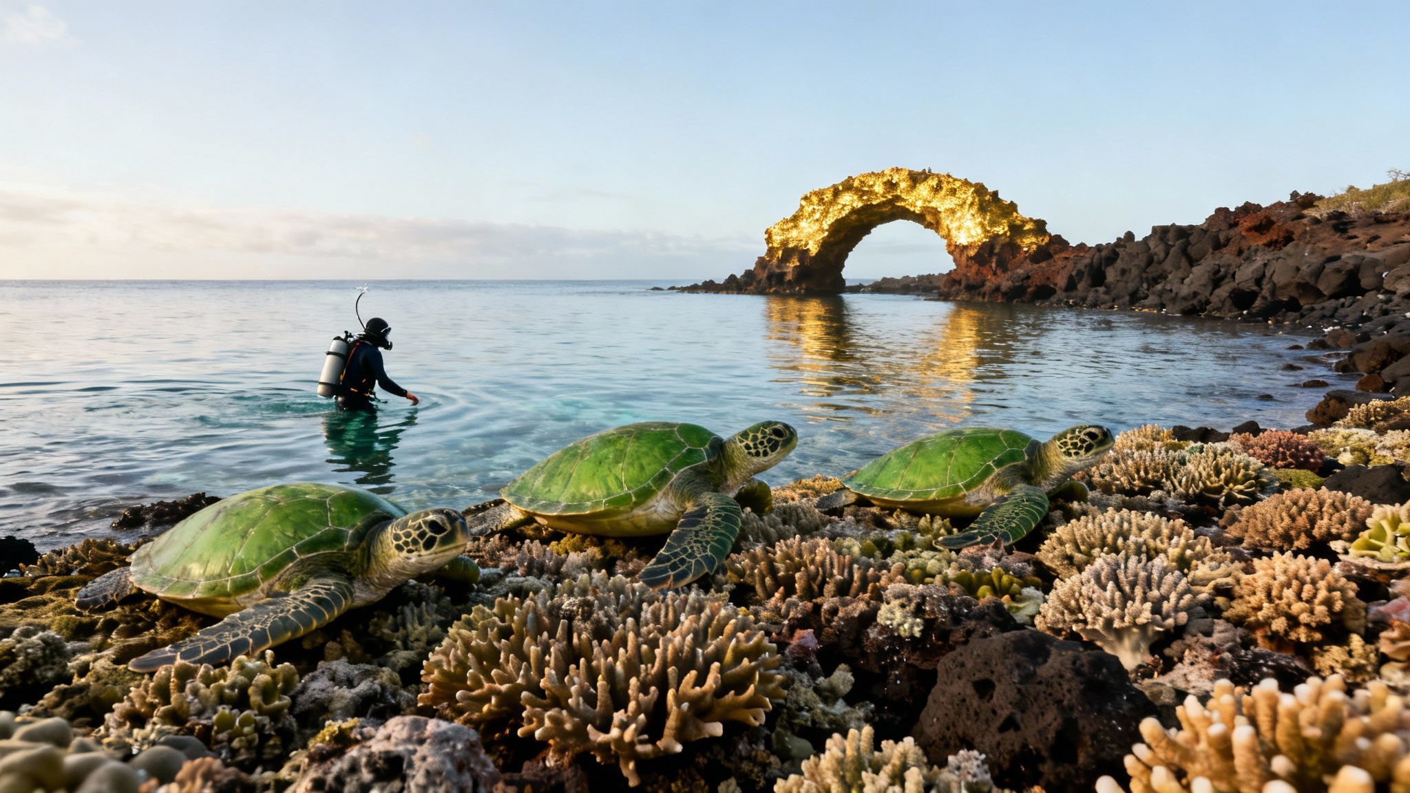 A diver wades in the ocean near three sea turtles on a coral reef with a golden arch rock.
