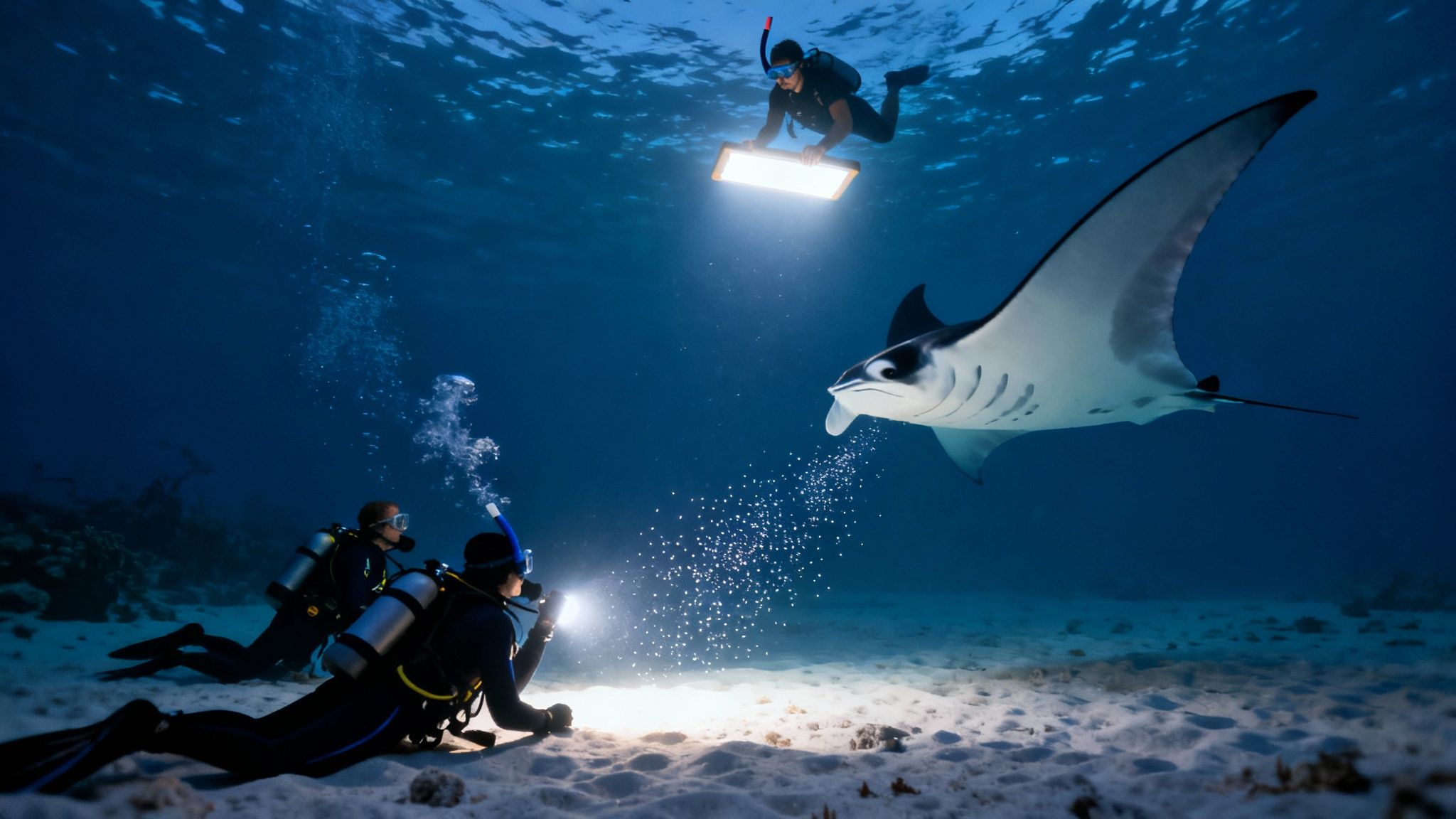 Manta ray feeding at night, illuminated by divers' lights on a sandy seabed.