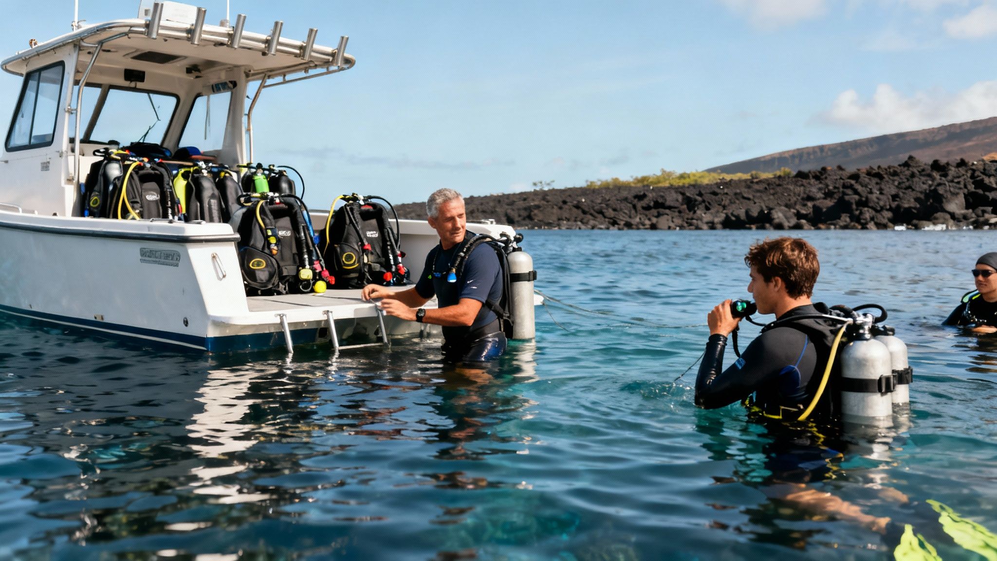 Scuba divers preparing to descend from a boat into clear ocean waters near a volcanic coast.