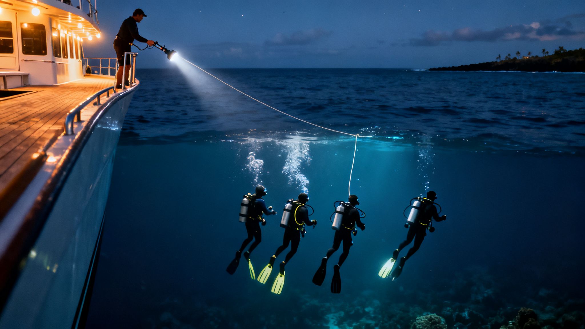 Four divers conduct a black water night dive from a boat, illuminated by a strong light.