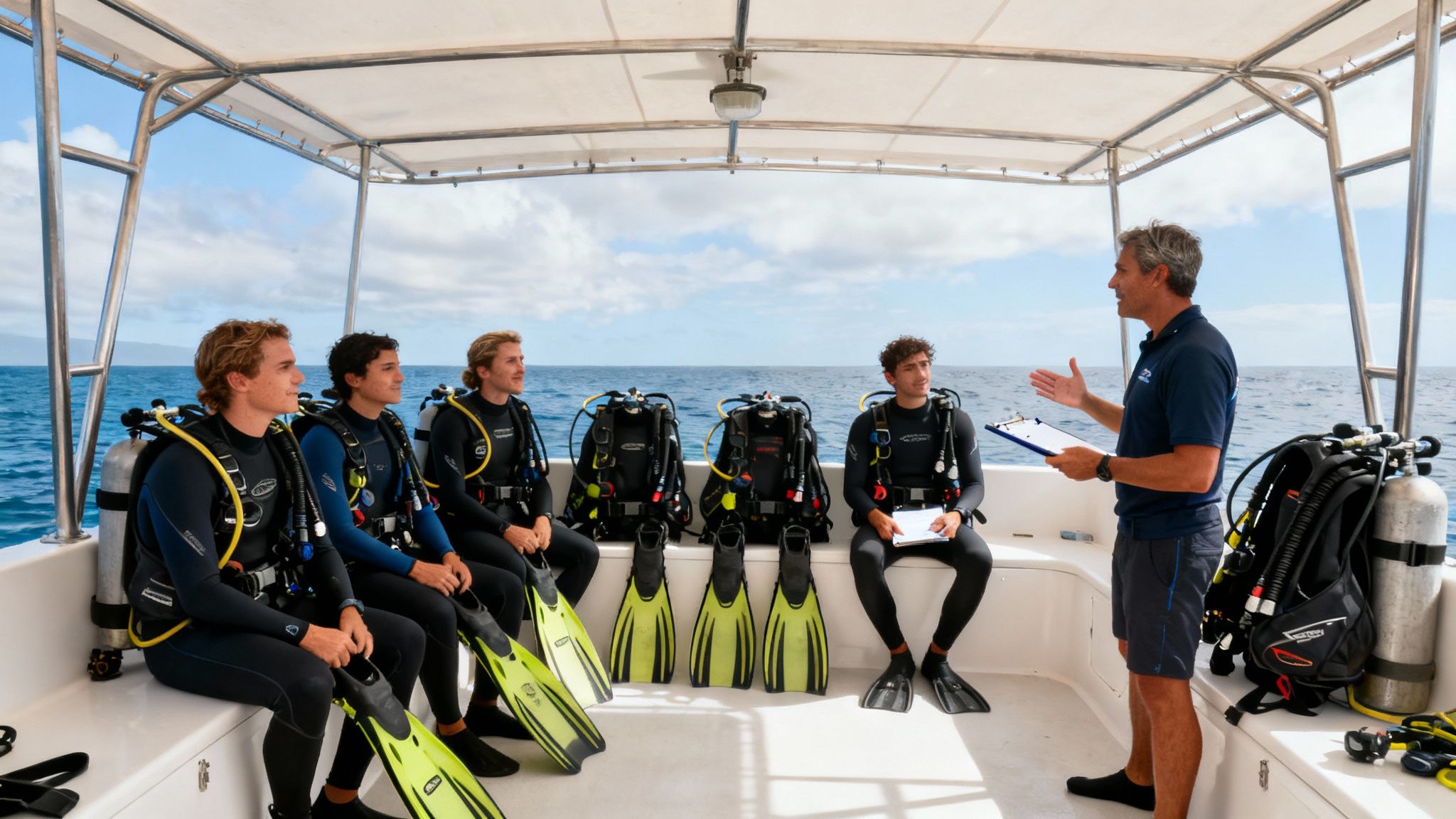 Dive instructor briefing four student divers on a boat before a dive.