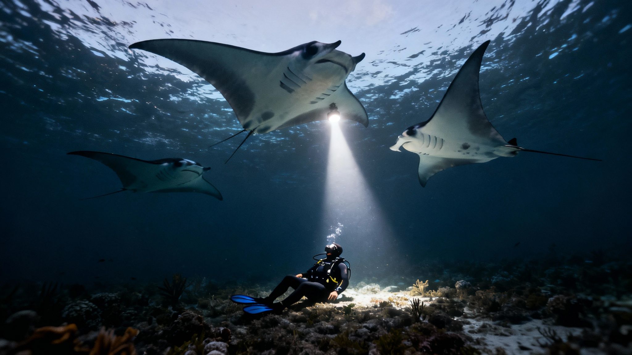 A group of scuba divers on the ocean floor watching a giant manta ray swim above them, illuminated by dive lights in the dark water.