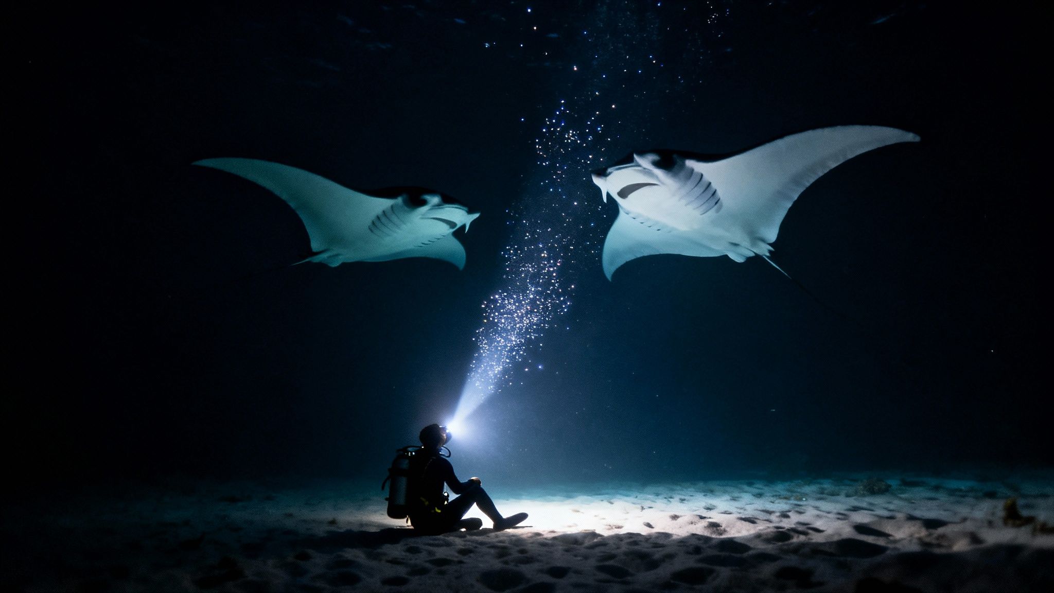 A massive manta ray swims gracefully over a group of scuba divers at night on the Big Island.