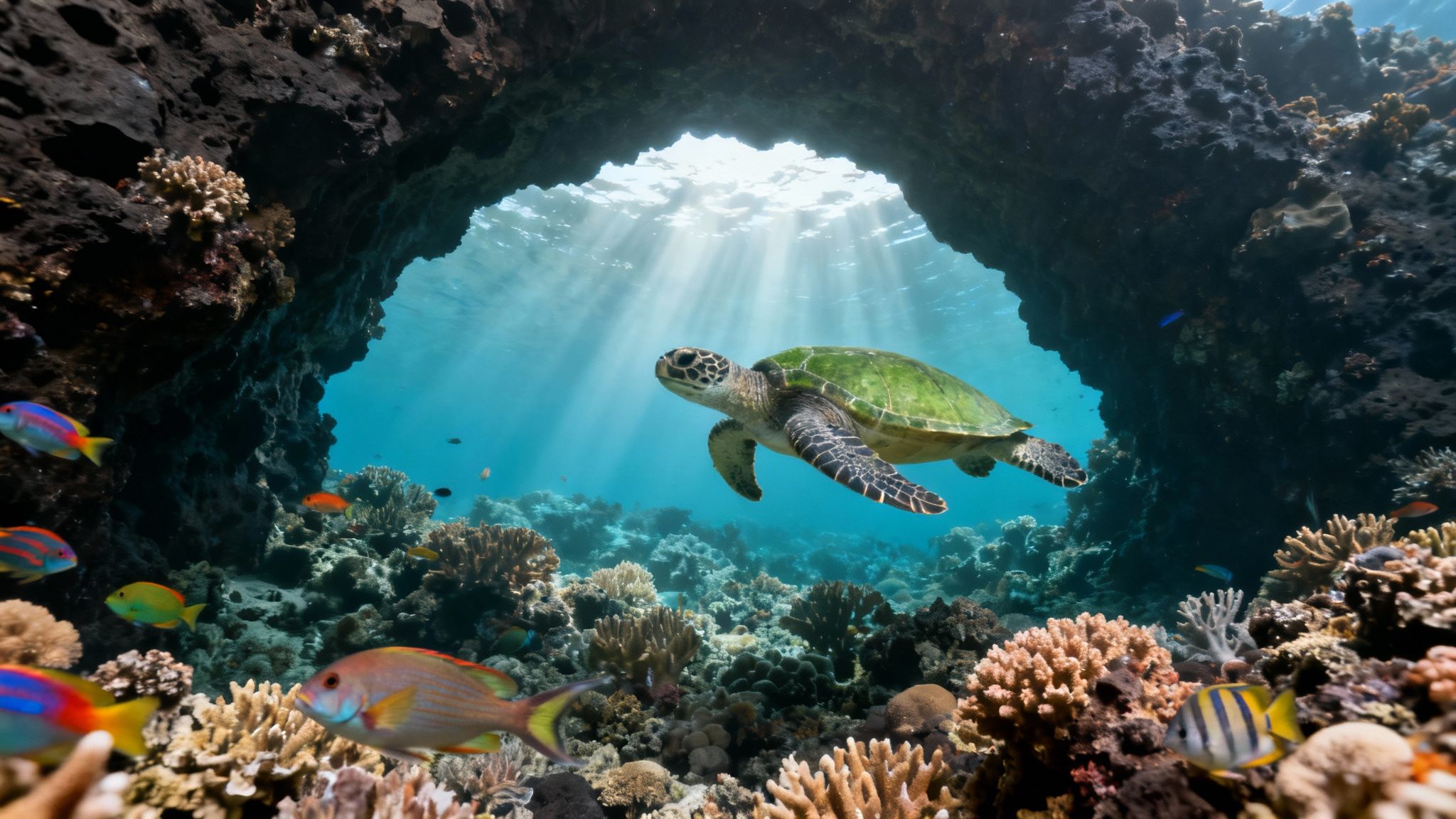 A majestic sea turtle gracefully swims through a vibrant coral reef, illuminated by sunlight.