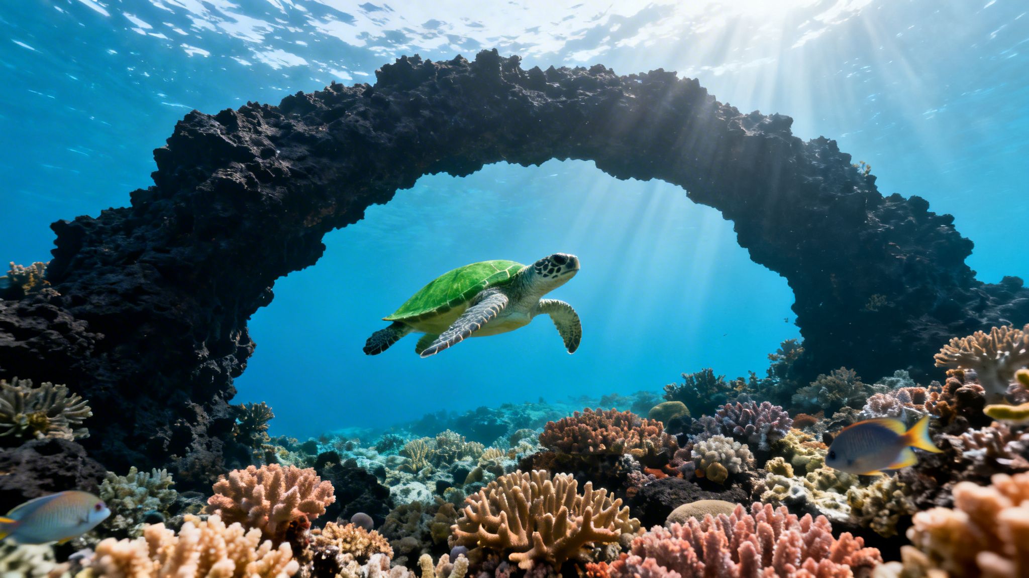 A green sea turtle swims gracefully through an underwater arch, above a colorful coral reef.