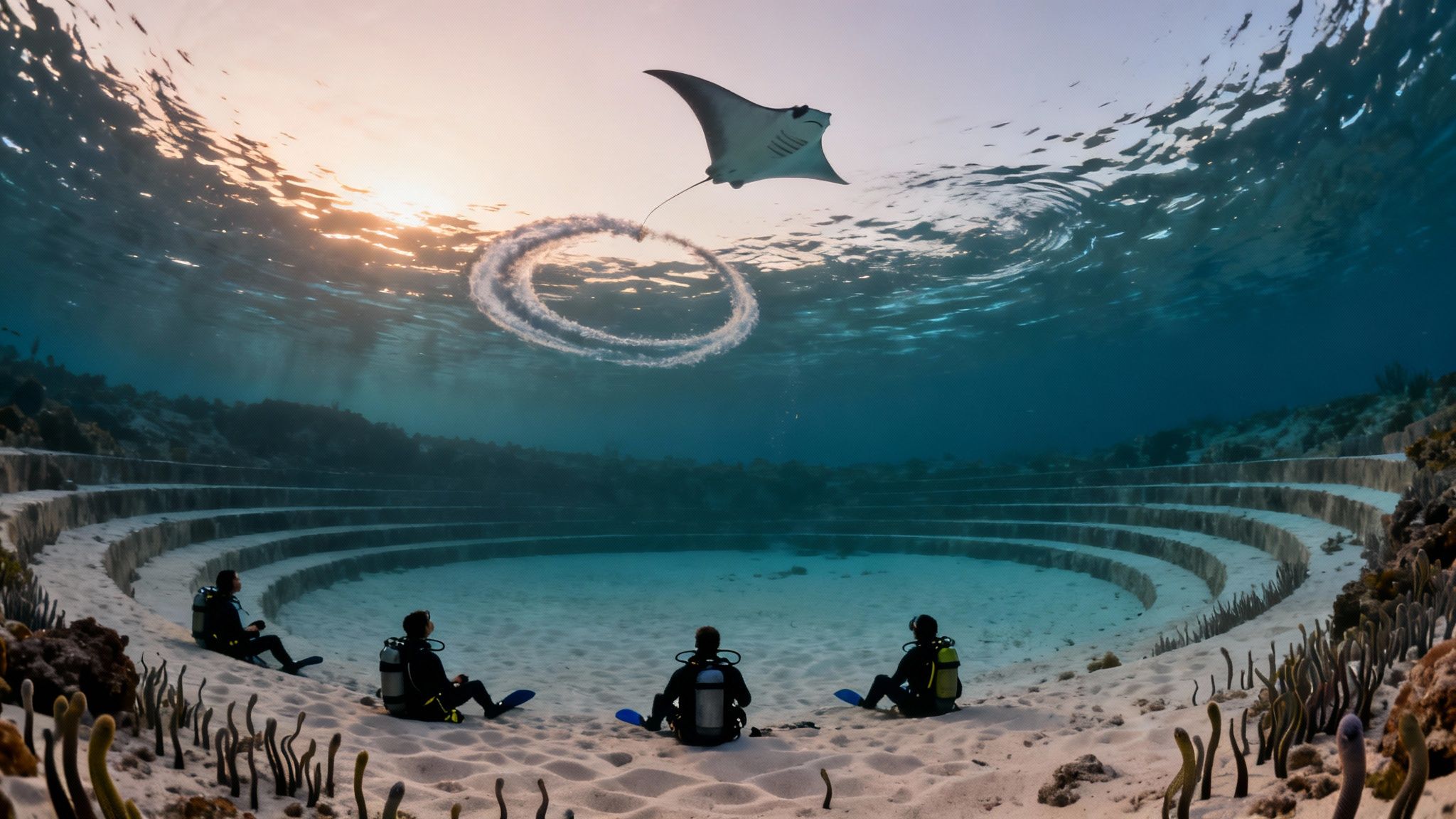 Three scuba divers sit on an underwater amphitheater watching a manta ray create a bubble ring.