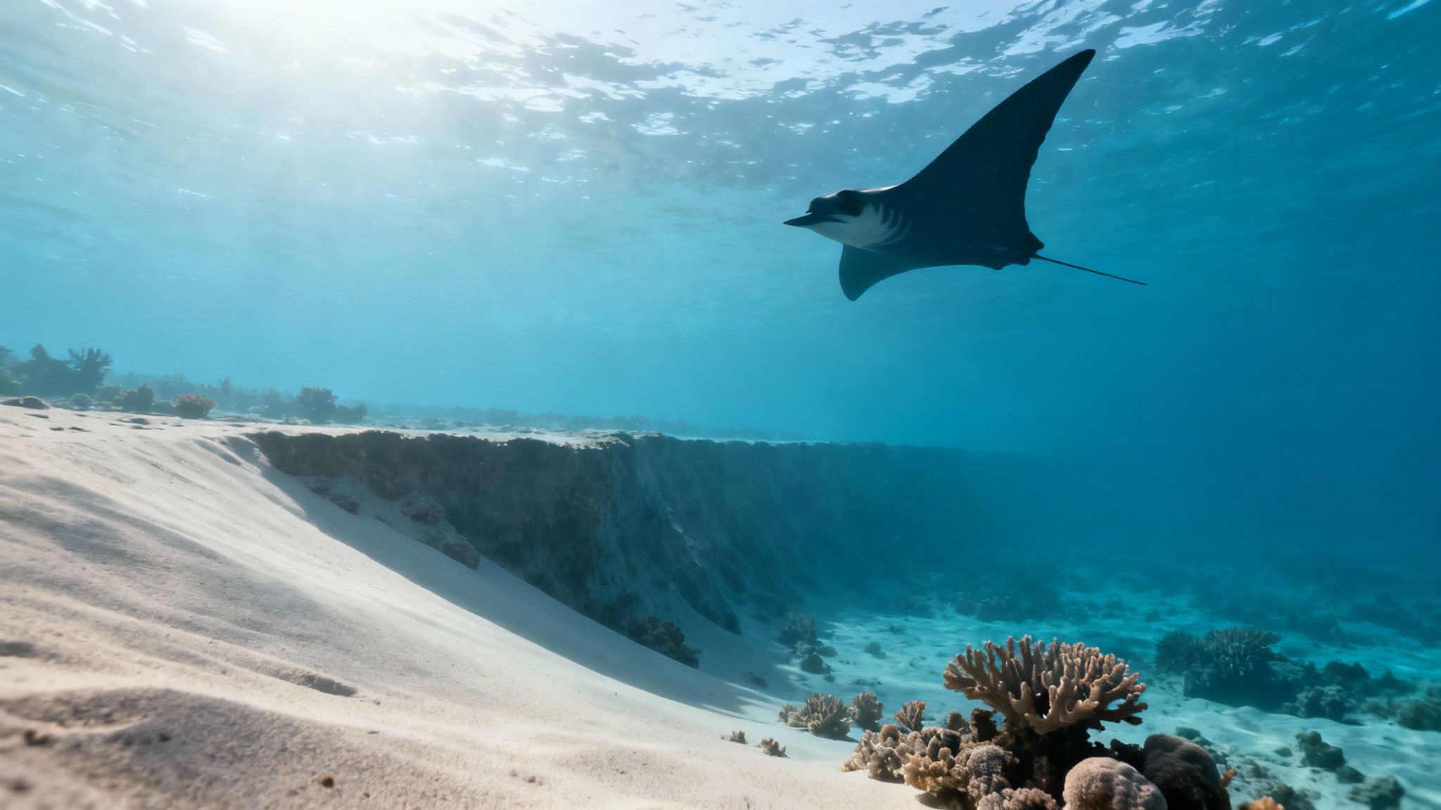 A close-up shot of a manta ray feeding at night in Kona, with its mouth wide open.