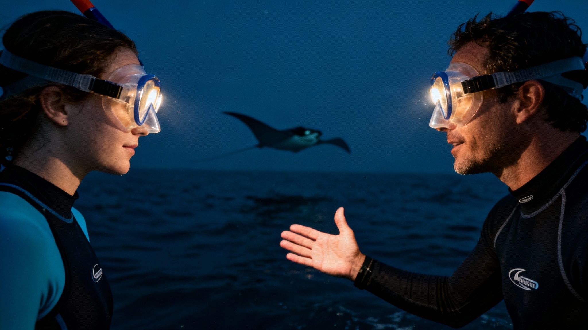 Two snorkelers with lighted masks encounter a manta ray during a night snorkel.