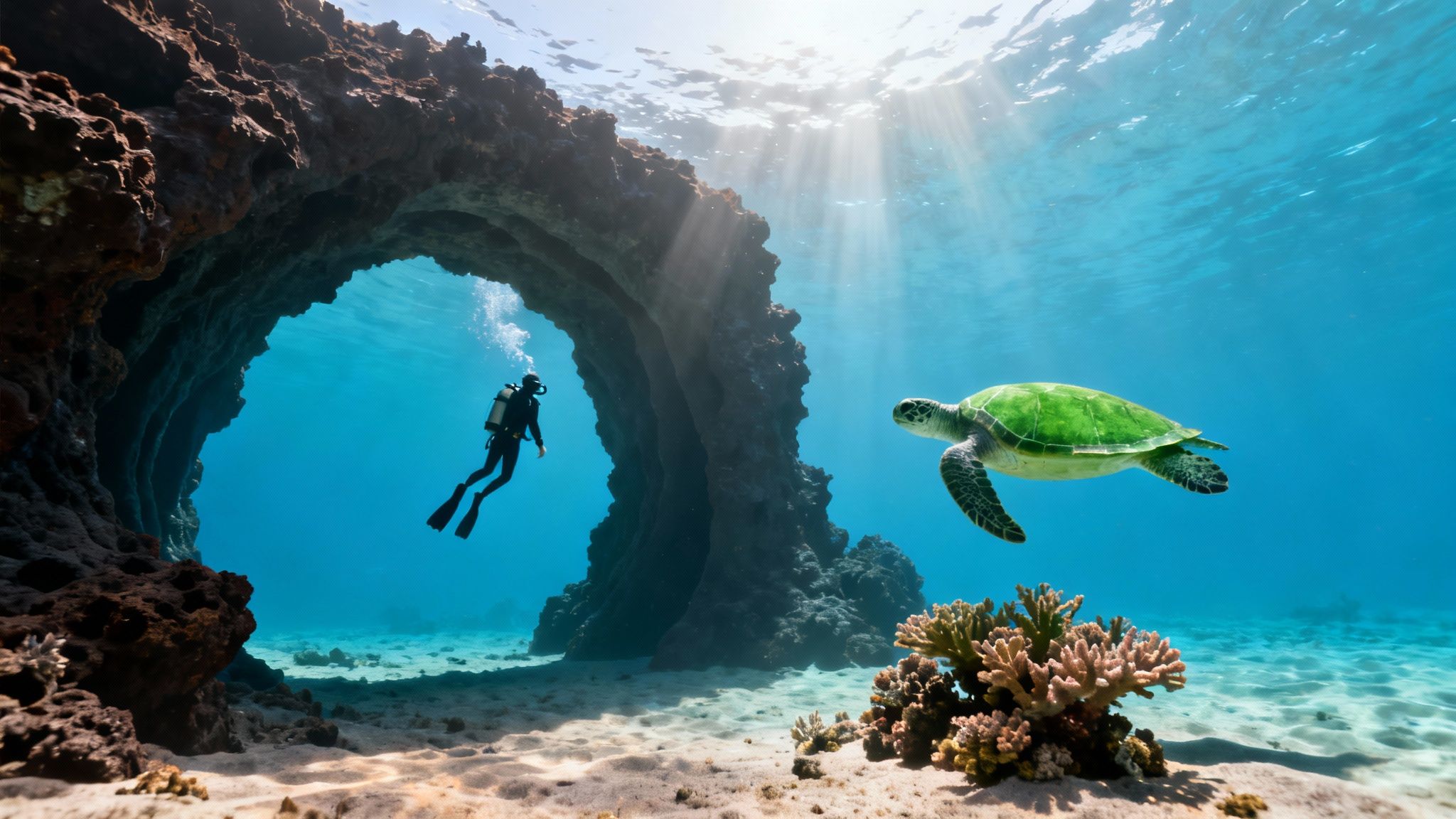 A scuba diver explores an underwater arch near a green sea turtle with sun rays shining through the clear water.
