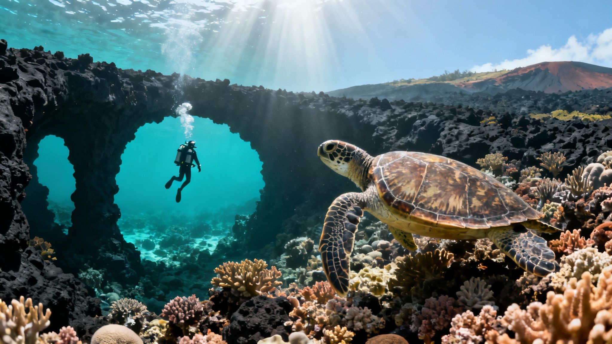 A scuba diver swims near a sea turtle over a coral reef in clear blue water.