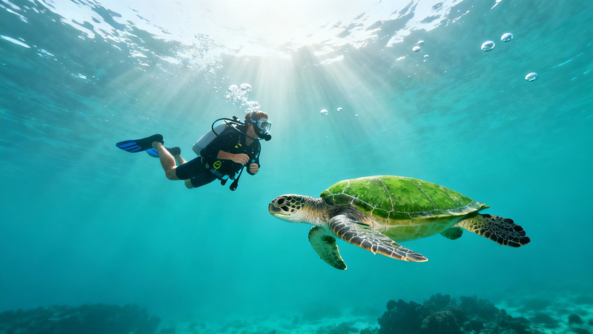 A scuba diver with fins swims next to a large green sea turtle in clear blue ocean water.