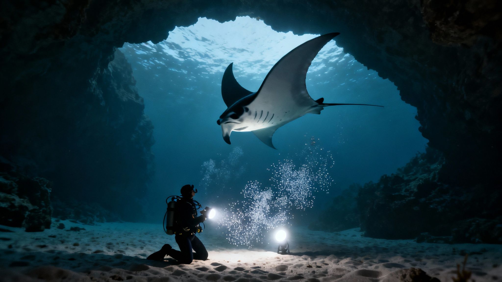 A scuba diver illuminates a majestic manta ray with lights while kneeling on the sandy seabed of an underwater cave.