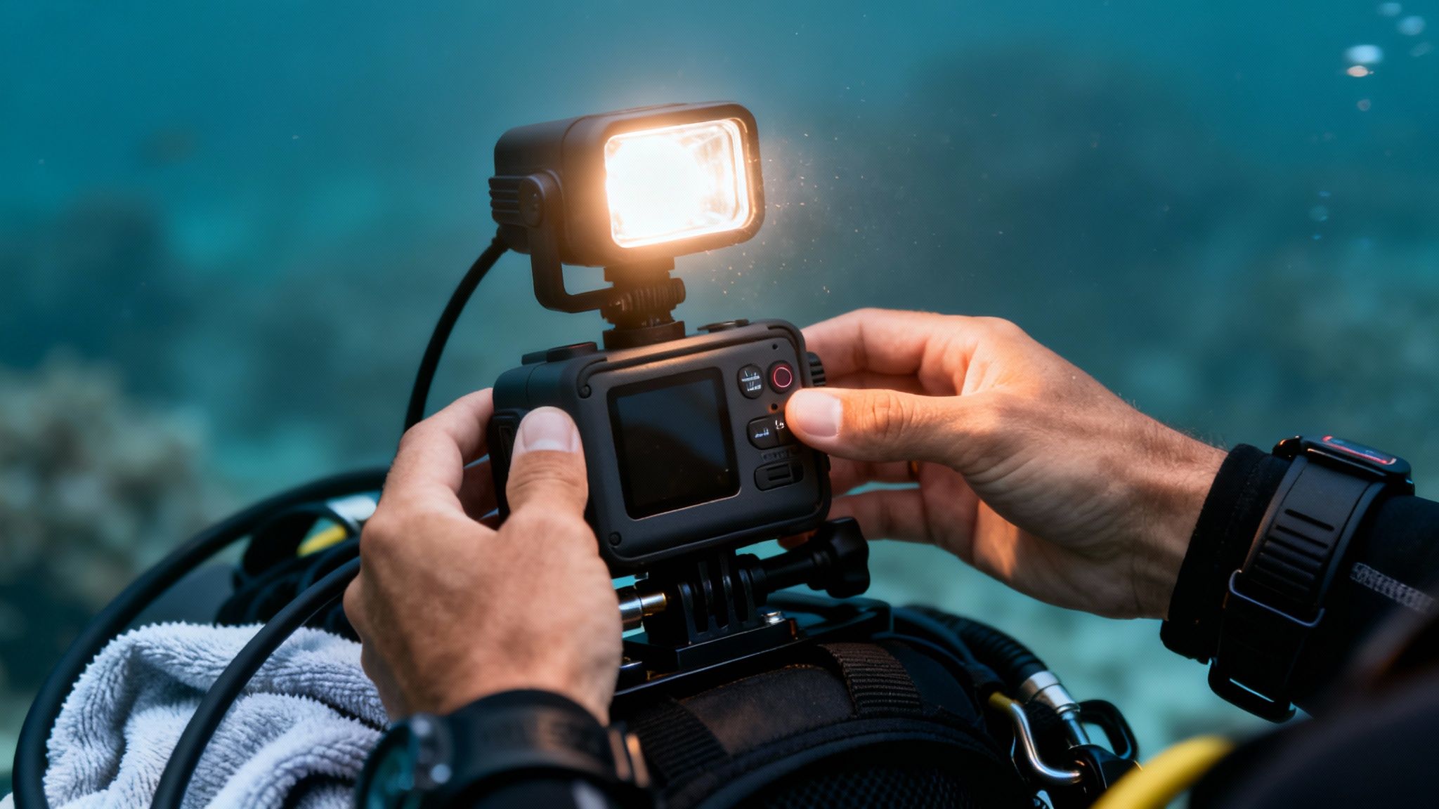 A scuba diver's hands operate an illuminated underwater camera setup in the blue ocean.