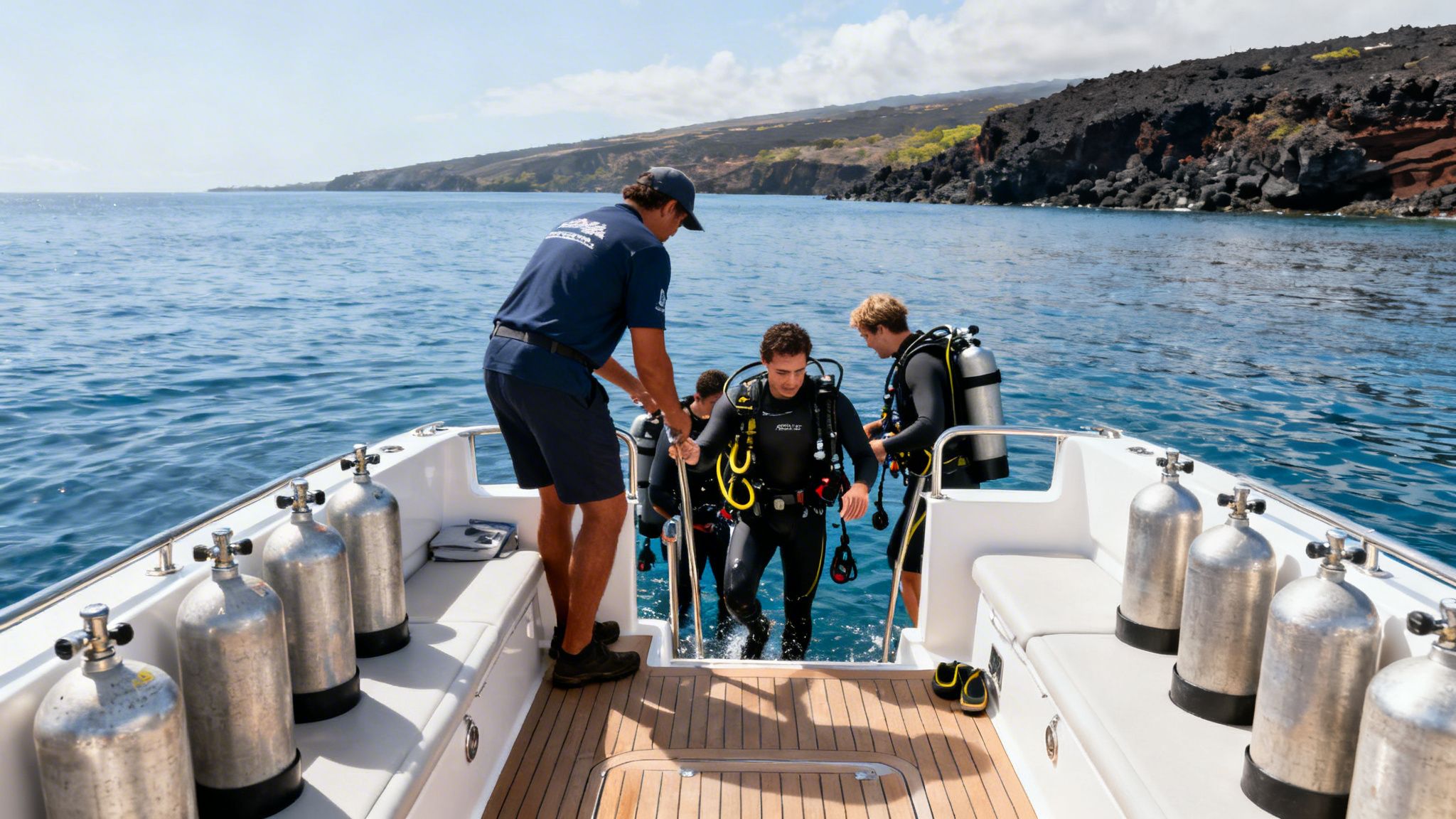 Divers on a boat in Hawaii, one getting out of the ocean with assistance, surrounded by scuba tanks.
