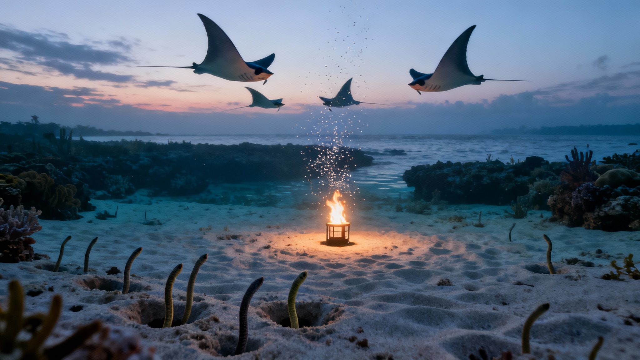 Magical twilight scene with manta rays, glowing fire, and garden eels on the ocean floor.