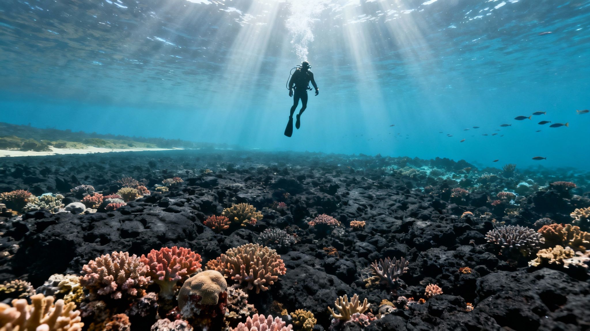 A scuba diver explores a vibrant coral reef with clear blue water and sunlight shining through the surface.