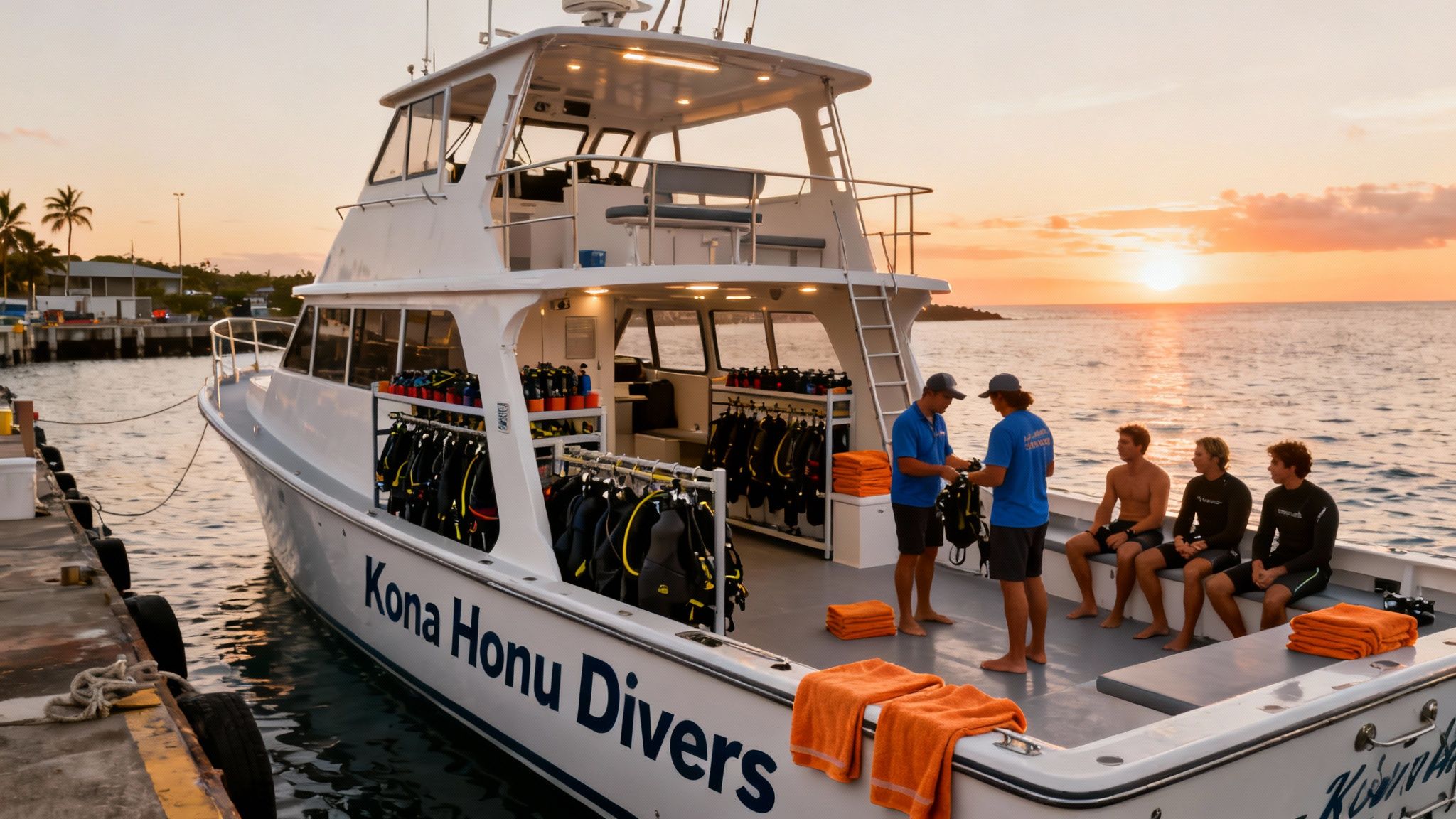 A 'Kona Honu Divers' boat at sunset, with crew preparing dive gear and divers relaxing.