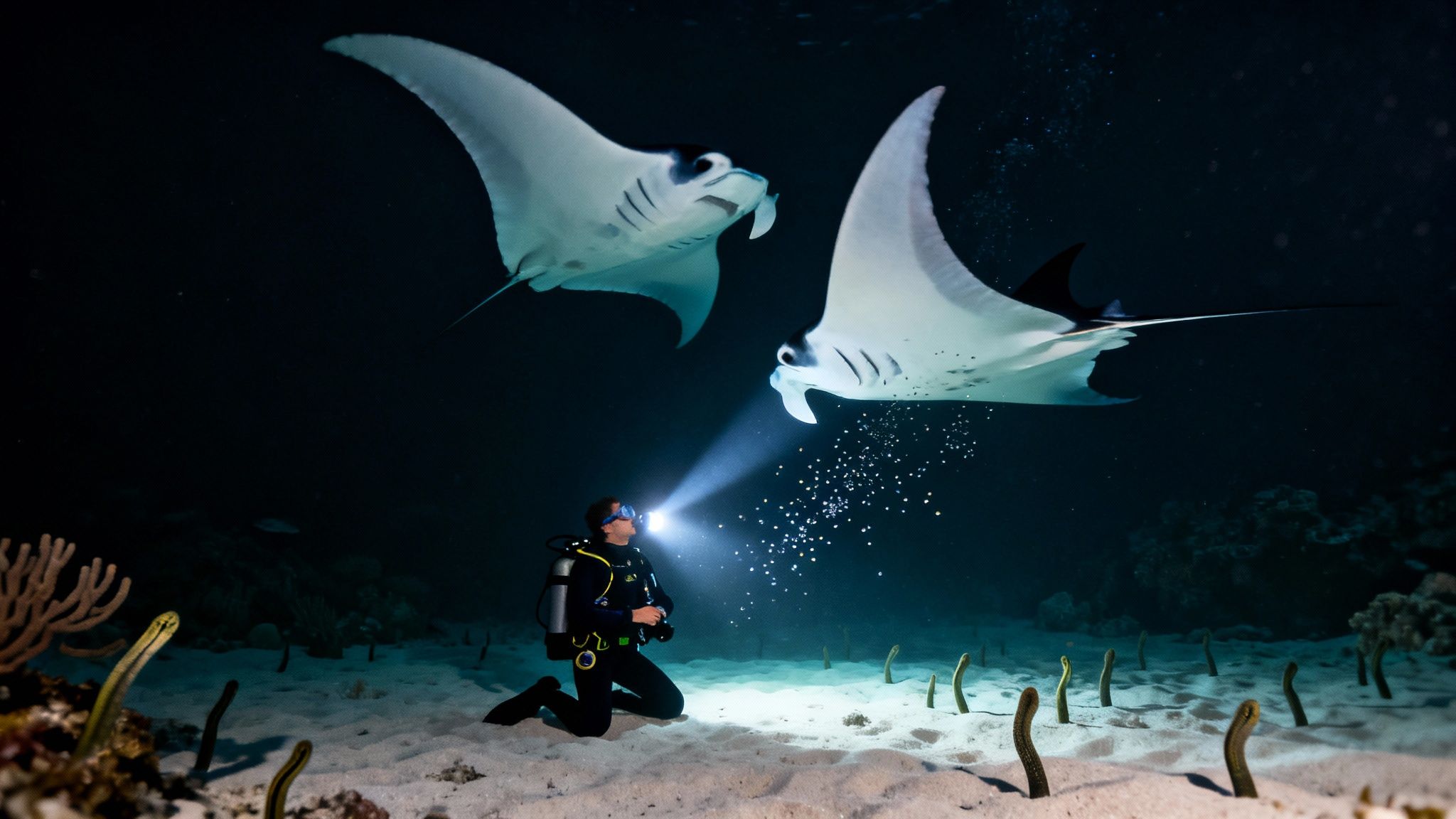 A scuba diver on a sandy seabed illuminates two majestic manta rays swimming overhead, with garden eels present.
