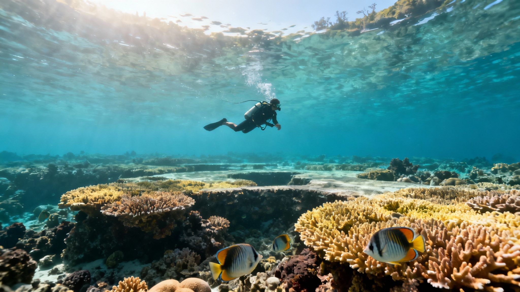 A school of yellow tang fish swims over a vibrant coral reef in the clear blue waters of the Big Island.