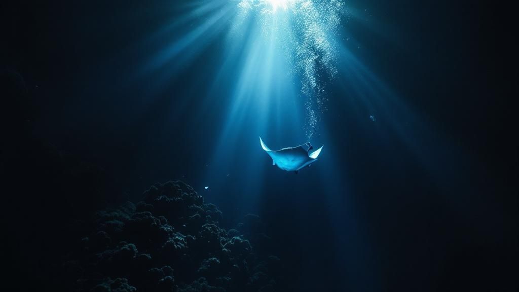 A large manta ray with its mouth open swims towards the camera, illuminated by dive lights in the dark Kona water.