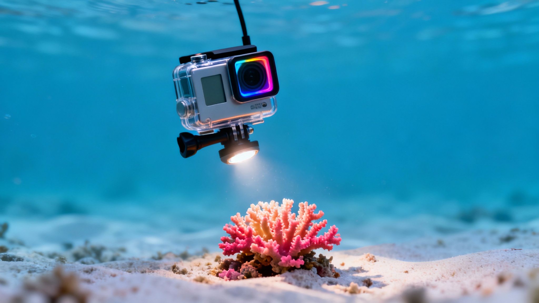 An action camera in a waterproof case with an attached light illuminates a vibrant pink coral on a sandy seabed.