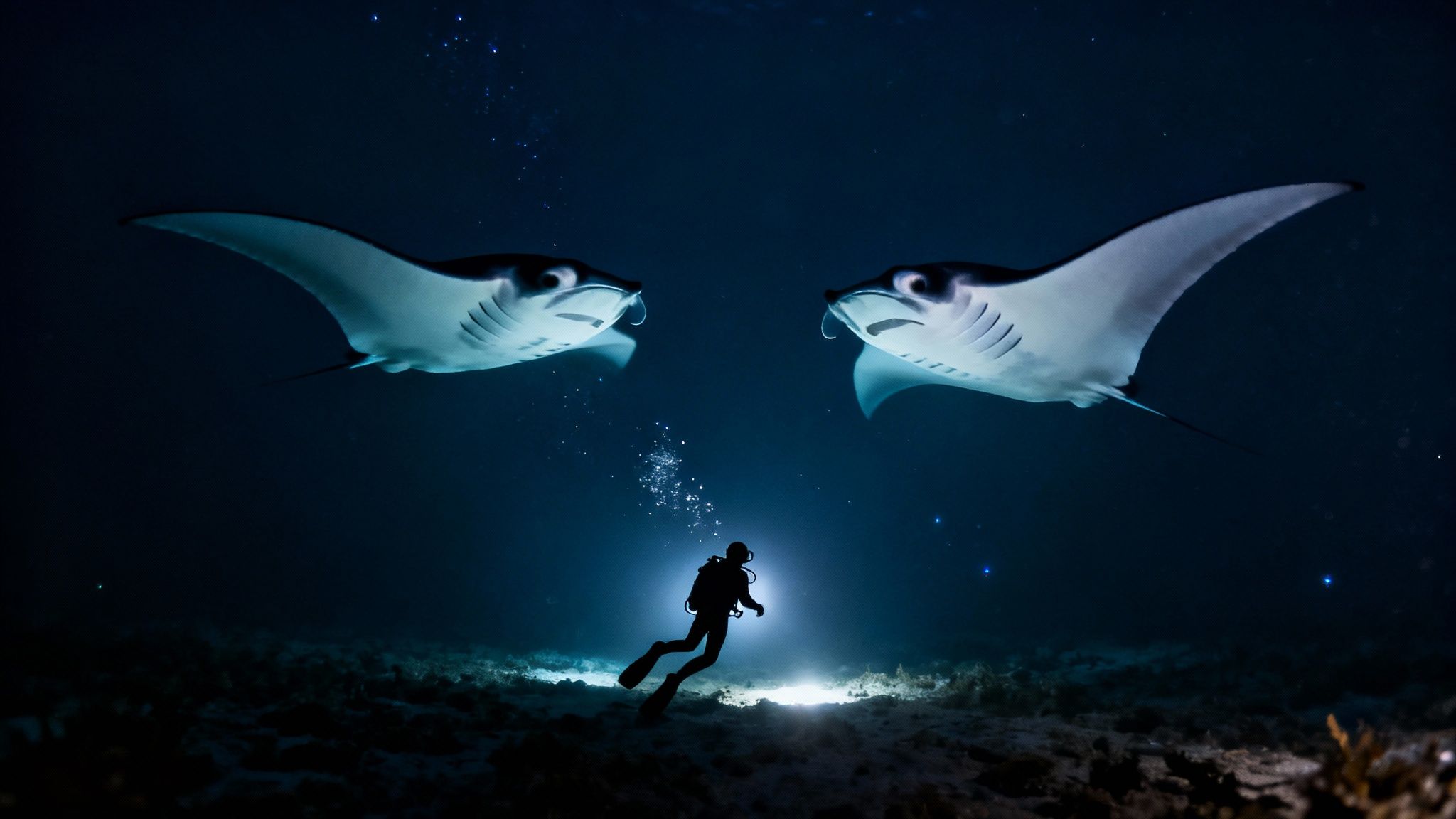 A diver in silhouette observes two majestic manta rays swimming overhead in the dark ocean.