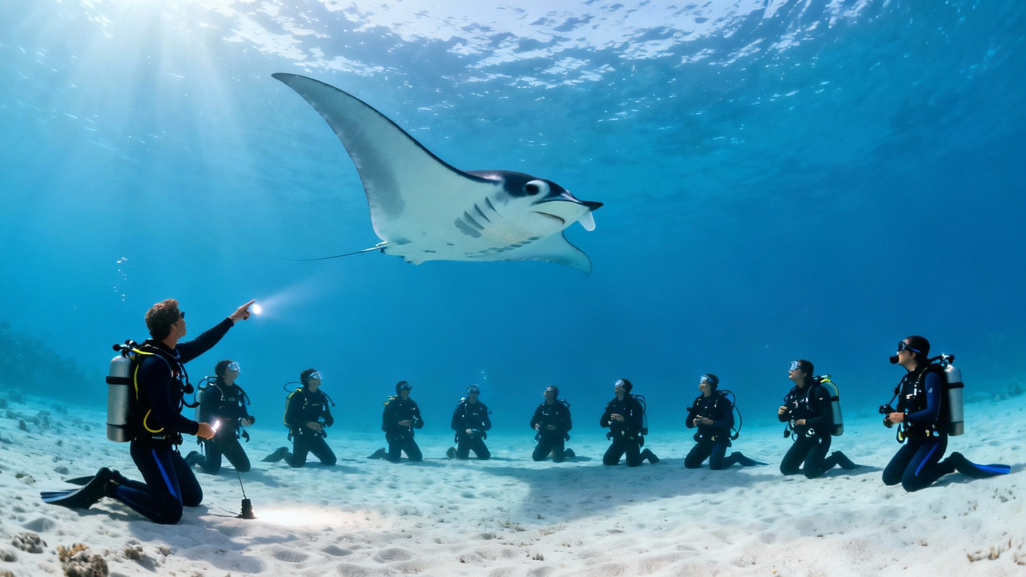 Scuba divers with flashlights observe a large manta ray swimming above them in clear blue water.