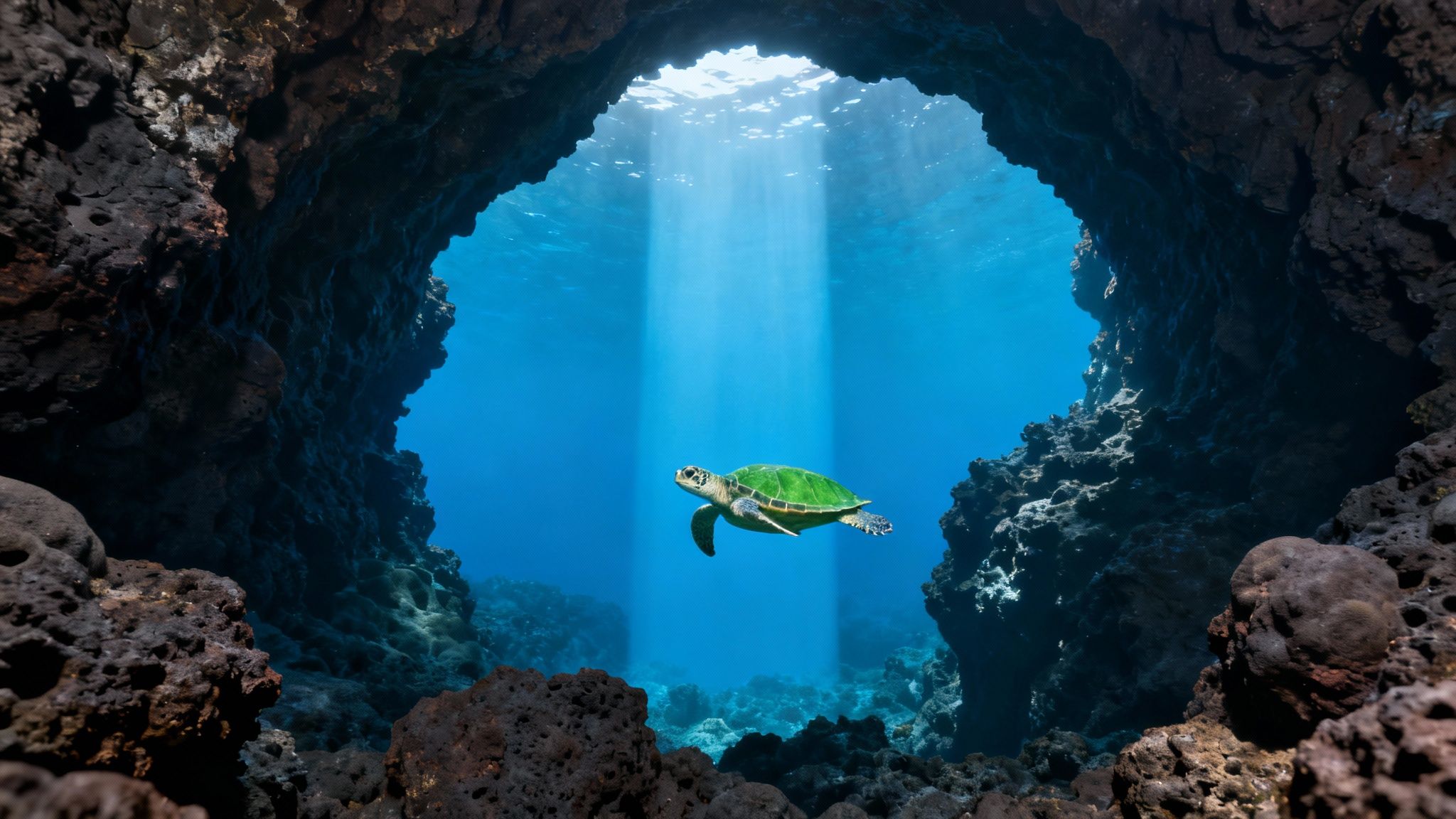 Green sea turtle in an underwater lava tube, illuminated by sunbeams from the ocean surface.