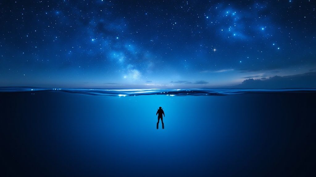 Graceful manta ray gliding over divers during a night dive in Kona