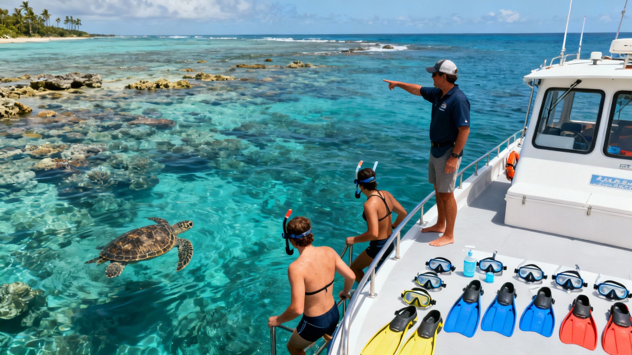 Tour guide points to a sea turtle for snorkelers on a boat in clear tropical waters.