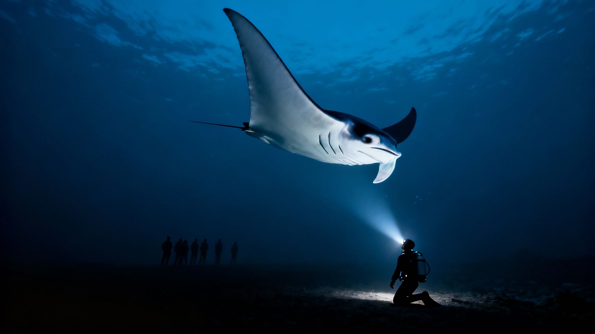 Diver with headlamp on ocean floor looks up at a graceful manta ray swimming above.