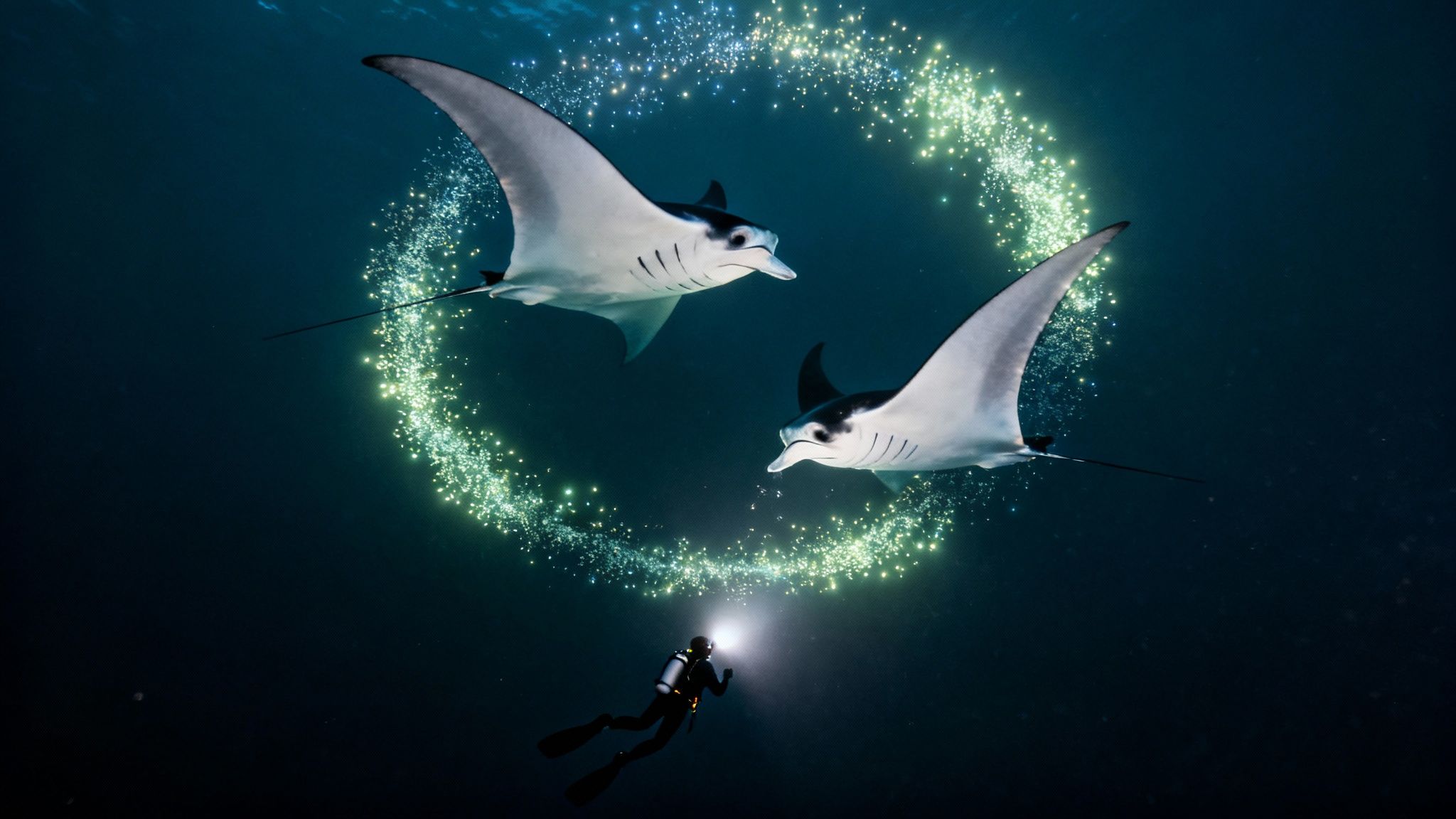 Two majestic manta rays swim above a diver with a light, encircled by sparkling bioluminescence.