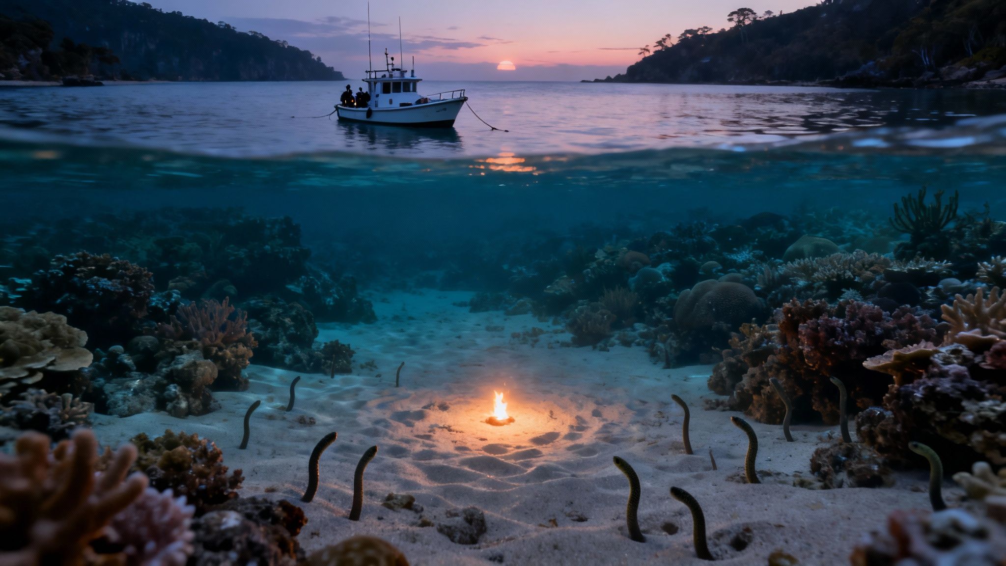 A captivating split image shows a boat at sunset above, and garden eels surrounding a glowing light below.