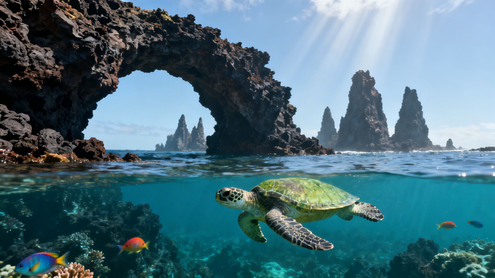A vibrant split shot of a sea turtle swimming over coral with a majestic rock arch and sea stacks above.