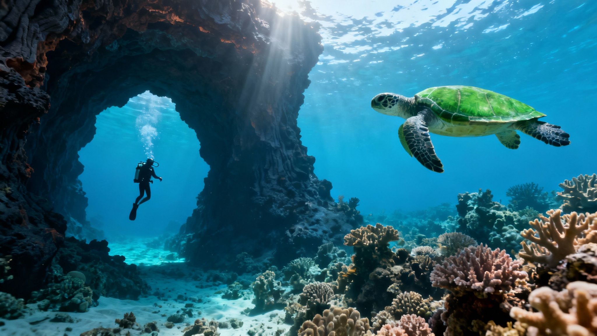 A scuba diver explores a vibrant coral reef in Kona, Hawaii.