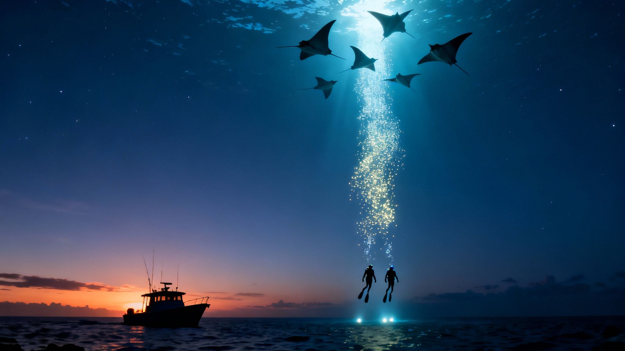 Two divers ascend through glowing water towards manta rays and a boat at night.