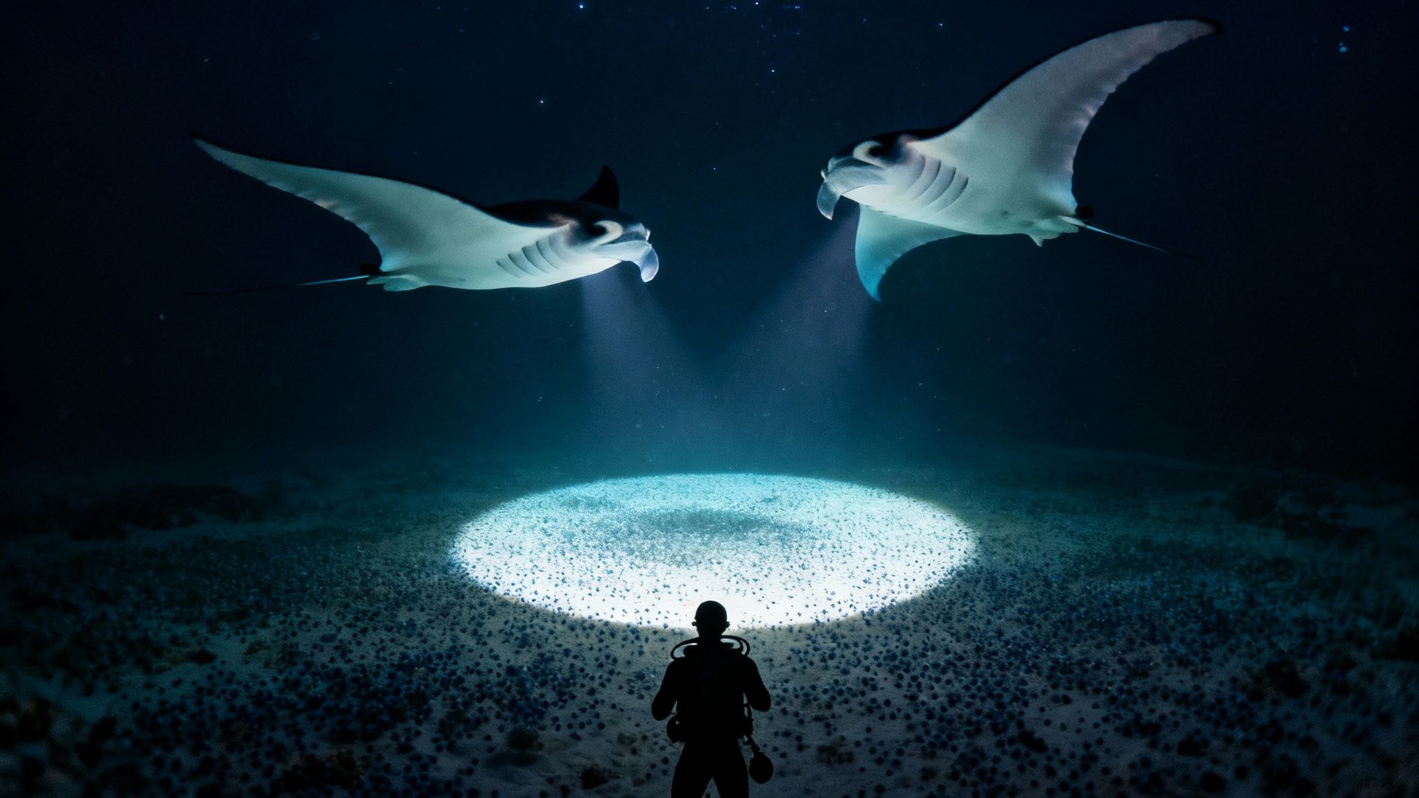 A group of majestic manta rays swimming gracefully in the illuminated water during a night dive in Kona, Hawaii.