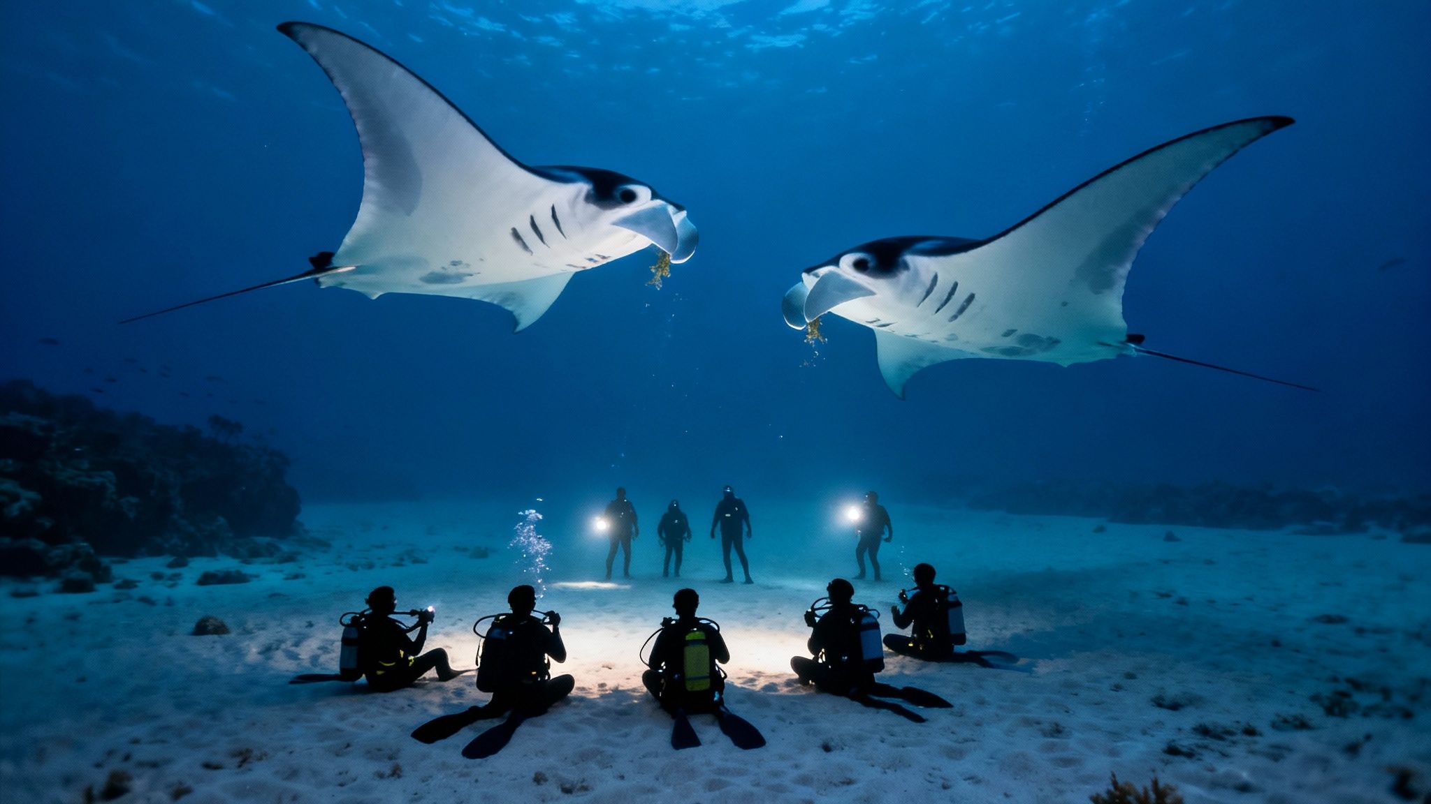 Scuba divers on the seabed illuminate two feeding manta rays swimming above in the dark ocean.