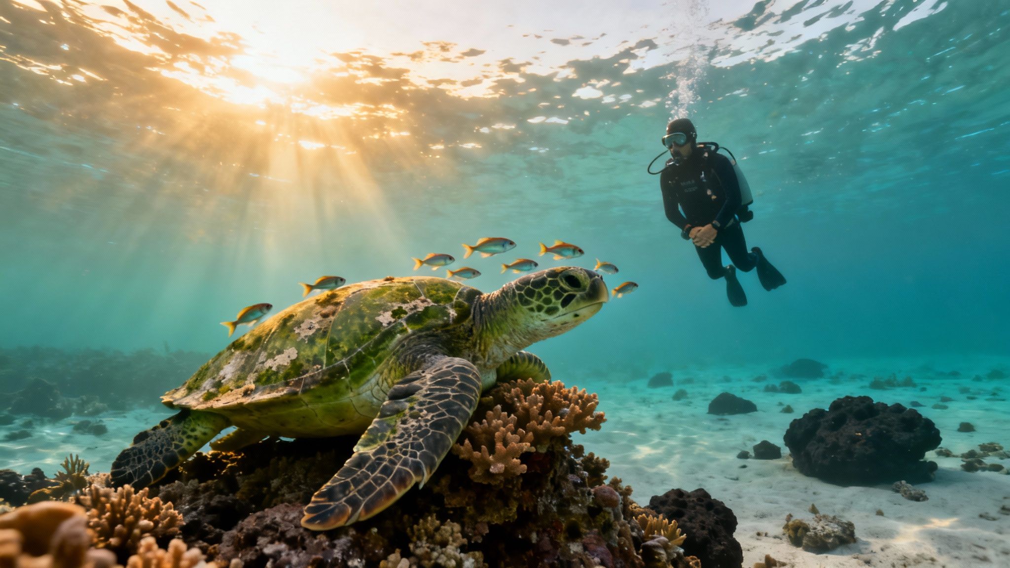 Scuba diver observing a majestic sea turtle on a coral reef with sun rays.