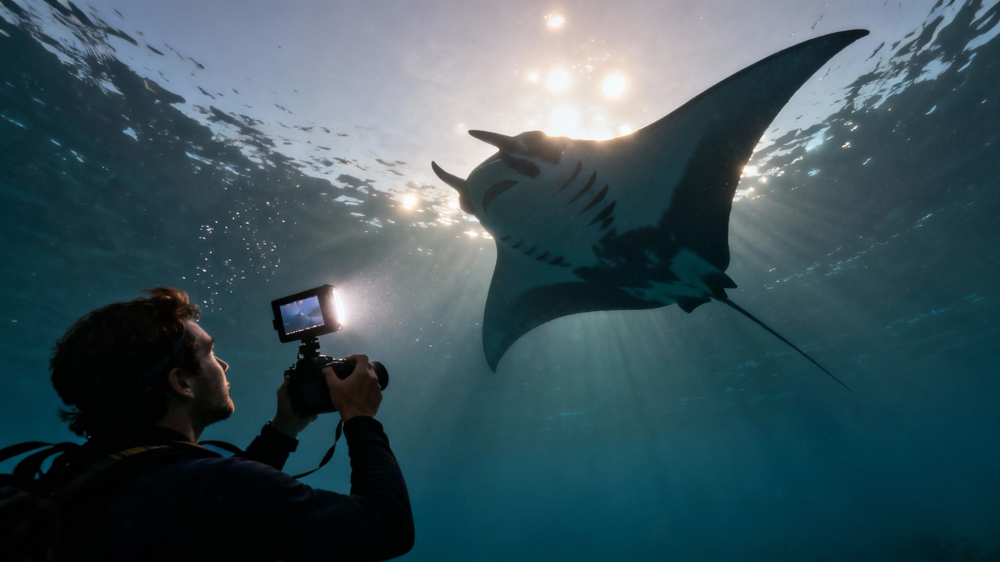 An underwater photographer captures a majestic manta ray swimming gracefully above, illuminated by sunbeams.
