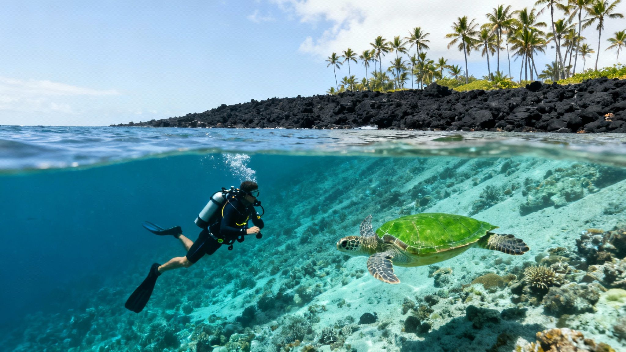A scuba diver observes a green sea turtle in clear tropical waters near a volcanic island.