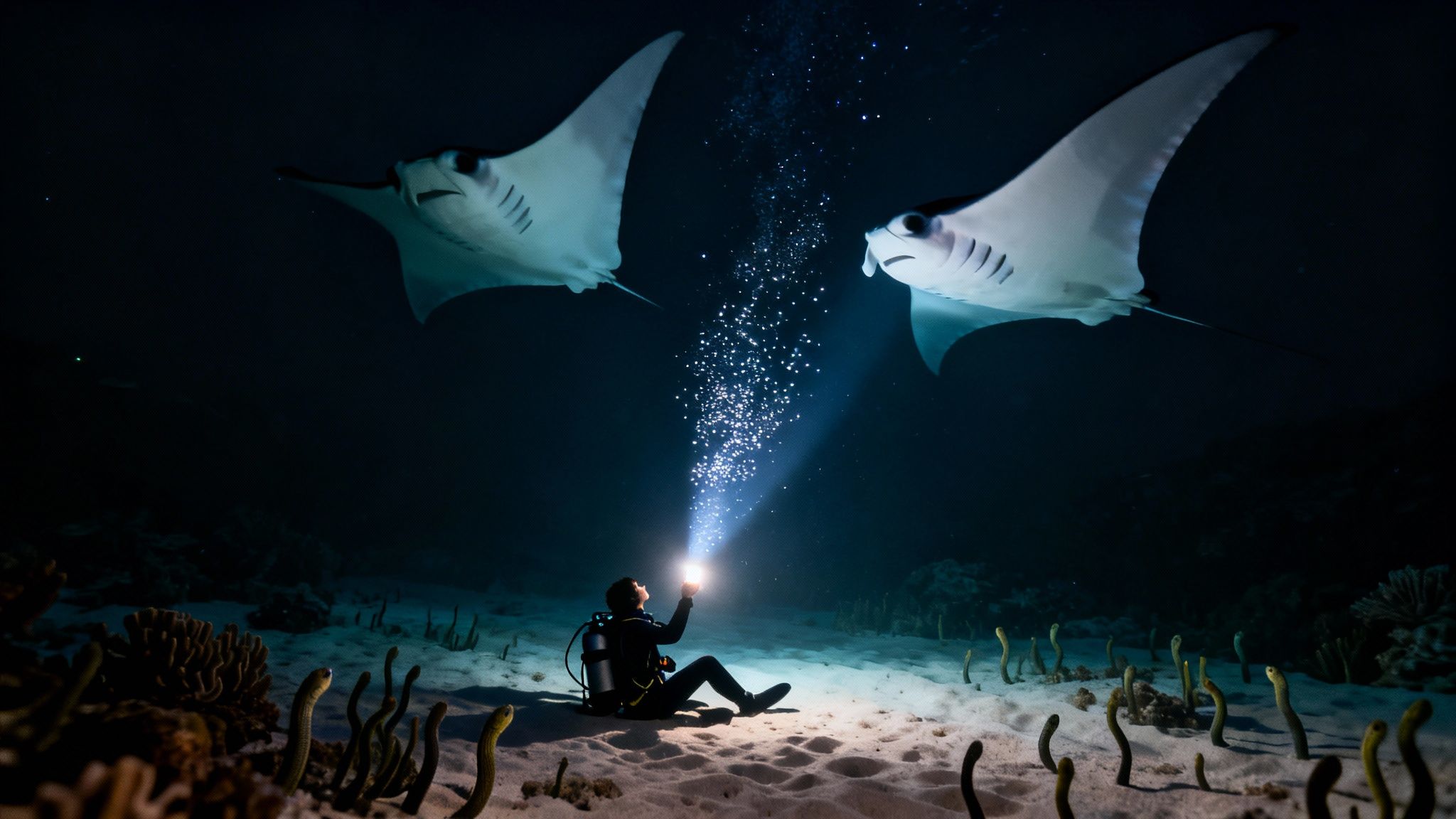 A diver sits on the sandy ocean floor at night, shining a light upwards, attracting two manta rays.
