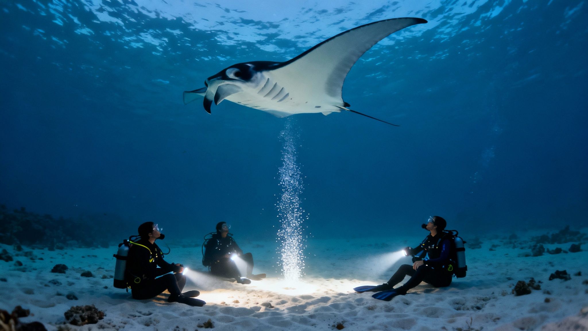 A group of scuba divers kneeling on the ocean floor in a circle, shining their lights upward to attract manta rays during a night dive in Kona, Hawaii.