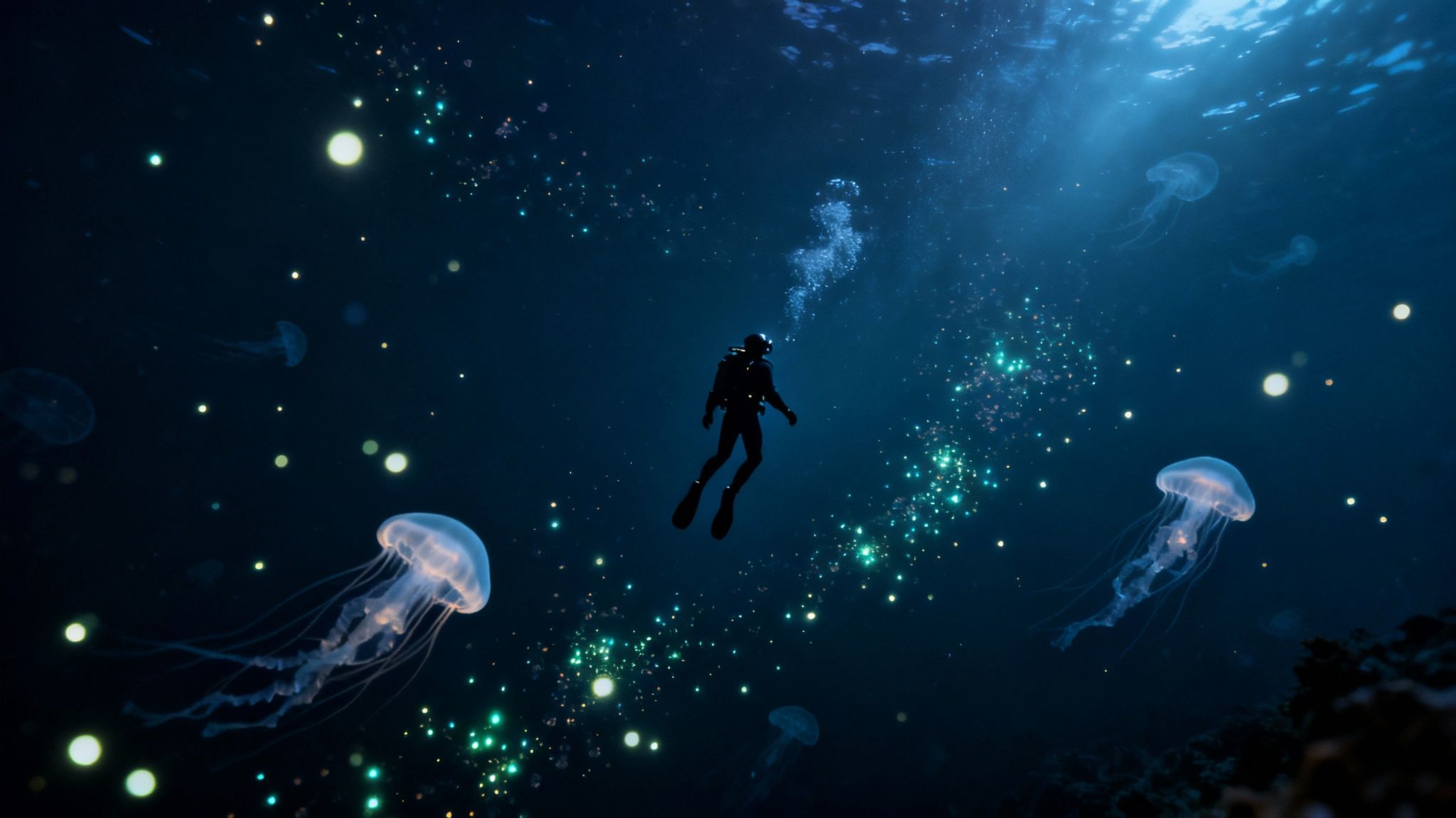 A silhouette of a diver in deep blue water surrounded by glowing jellyfish and bioluminescence.