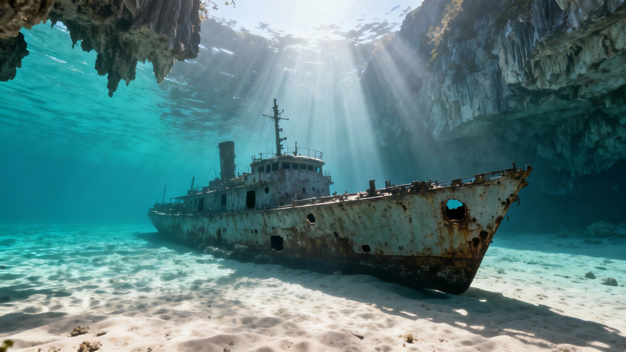A large, rusty shipwreck rests on a sandy seabed under sunlit turquoise waters, surrounded by cliffs.
