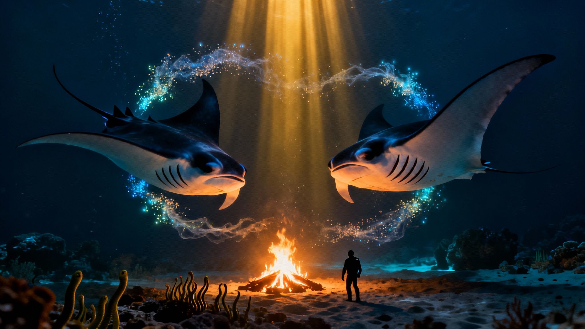 A diver observes two majestic manta rays swimming above an underwater campfire with ethereal light.
