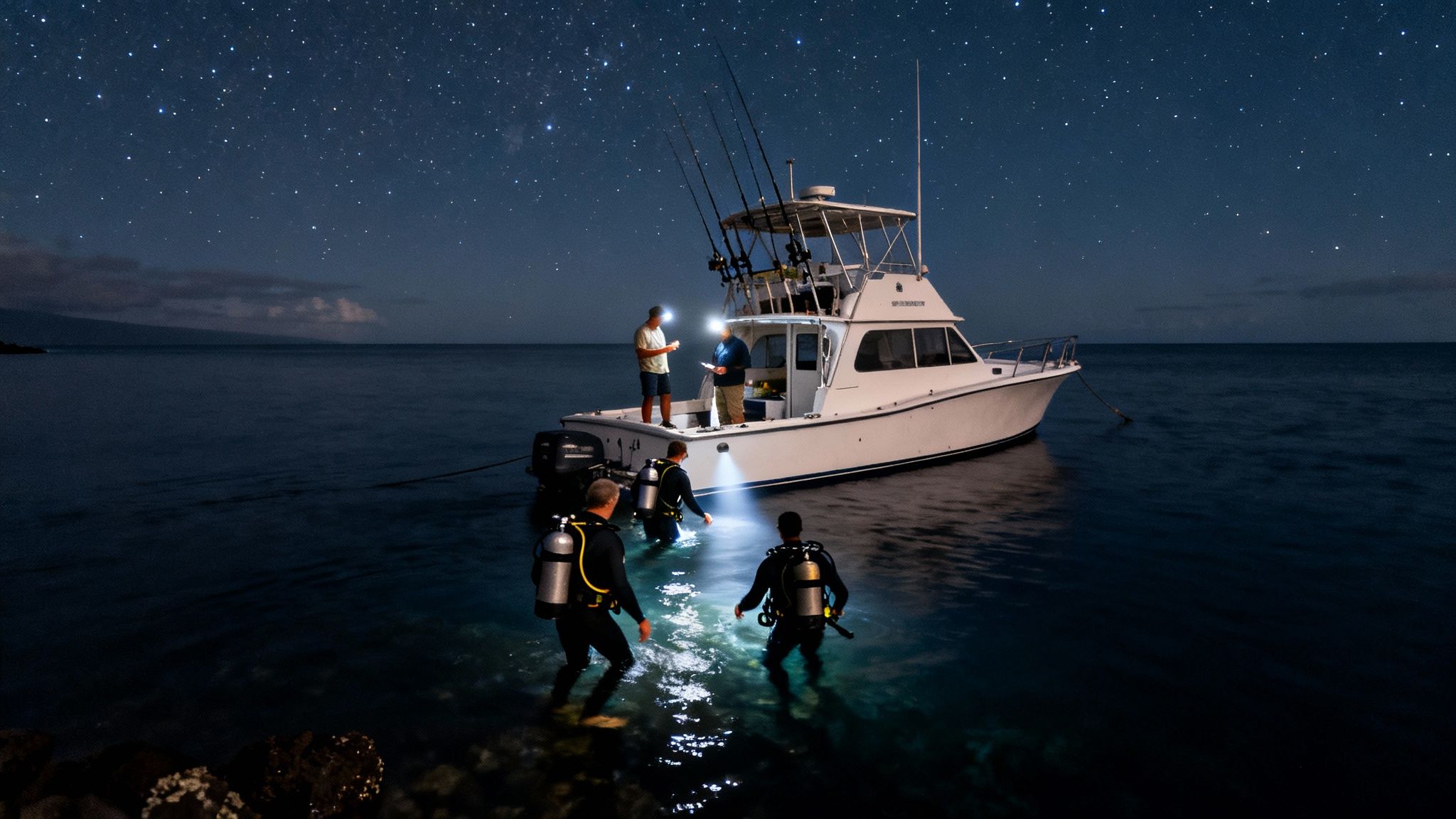 Divers and people on a boat at night, illuminated by flashlights under a starry sky.