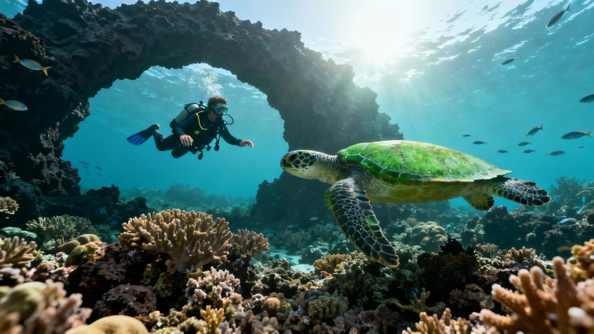 A school of yellow fish swims over a coral reef on the Big Island.